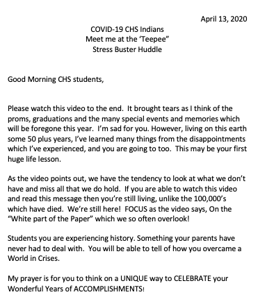 CHS: Please read this week's message from Mrs. Rucker, our Social Worker. 

youtu.be/zqUJr7rD6V4