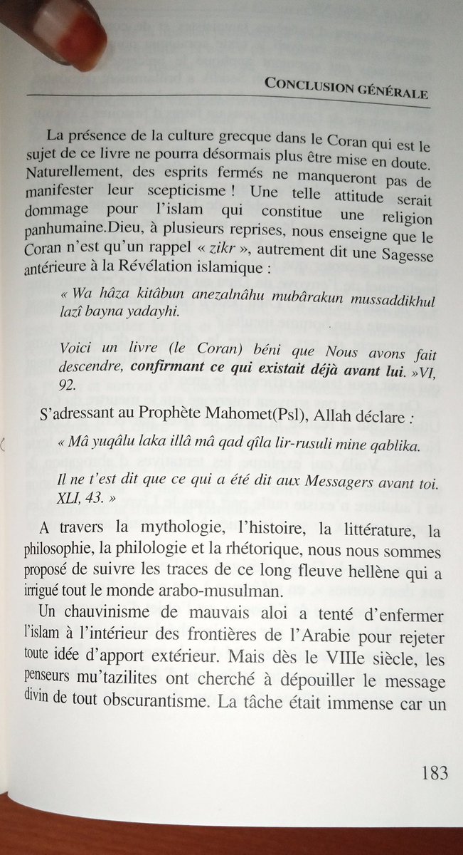 Lecture achevée.Le Coran et la culture grecque du Professeur Oumar sankharé.Dès l& #39;entame, l& #39;auteur, nous rappelle que le Coran a affranchi les croyants de toute médiation et de toute chapelle, que la religion musulmane est celle qui a le plus cultivé les lumières de la culture.