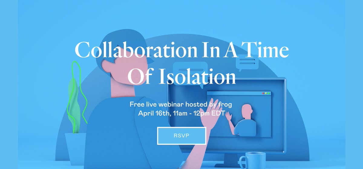 frogdesign's tweet photo. Join us April 16, 11am - 12pm ET for a free #orgactivation #webinar with frog.
We'll share our best practices, exercises for conducting idea generation and creative problem-solving sessions while working in a #remote environment. RSVP here: https://t.co/Toa0H9sirF https://t.co/08e5Gm9zzJ