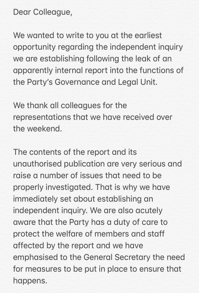 NEW: Keir Starmer and Angela Rayner have now written to the parliamentary Labour Party confirming the terms of reference of the investigation “will be agreed by the NEC and will be made public” - also say MPs and members will be updated on progress of inquiry