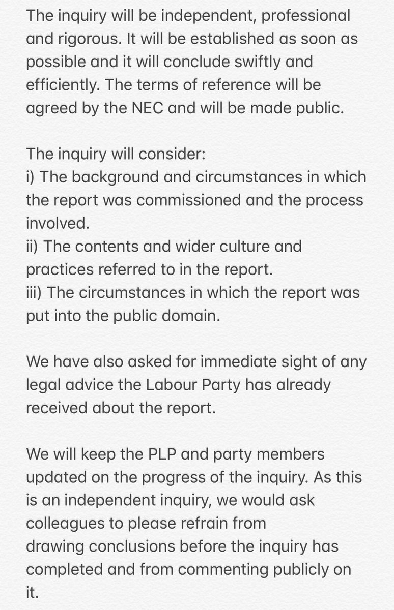 NEW: Keir Starmer and Angela Rayner have now written to the parliamentary Labour Party confirming the terms of reference of the investigation “will be agreed by the NEC and will be made public” - also say MPs and members will be updated on progress of inquiry