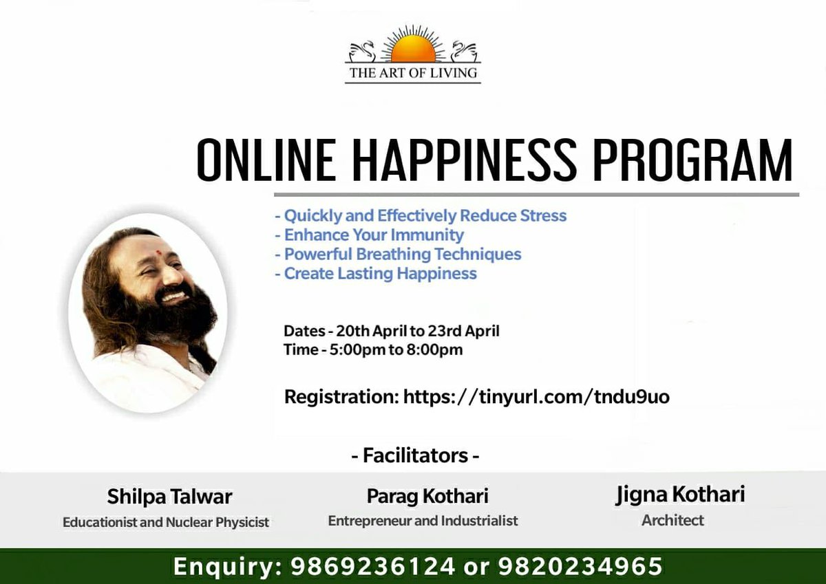 sangeetajani's tweet photo. If you haven’t yet done the Happiness Program then this is an opportunity. Strengthen your immune system at this time through powerful breathing n meditation techniques https://t.co/c8KLNym4yF