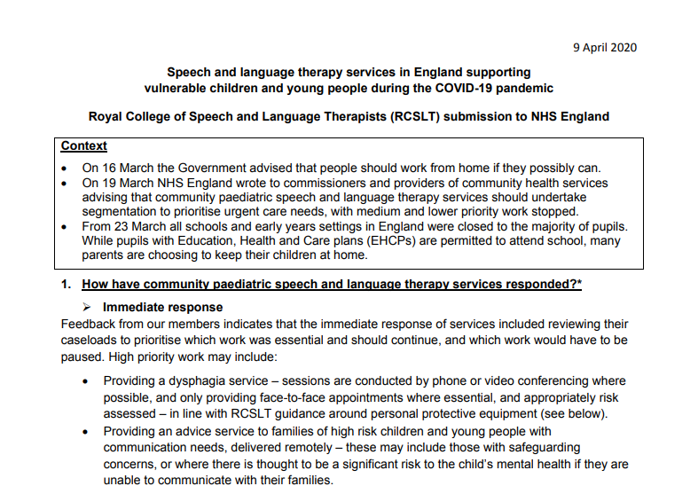 How is COVID-19 impacting on vulnerable children and young people? 

Our submission to <a href="/NHSEngland/">NHS England</a> highlights how children’s speech &amp; language therapy services in England are responding to the crisis &amp; the new ways they're working to support vulnerable CYP bit.ly/3cjGd8o