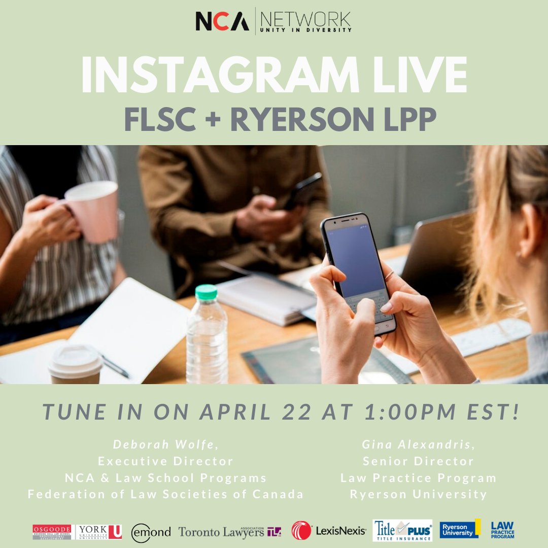 ncanetworkTO's tweet photo. Join us for another Instagram Live event on April 22 at 1PM EST! This time, we're chatting with Deborah Wolfe (NCA/FLSC) &amp; Gina Alexandris (Ryerson LPP). Mark your calendars &amp; tune in from wherever you are, anywhere in the world! #NCANetwork #FLSC #RyersonLPP #NCAstudents #ITLs https://t.co/Roglqggxnf