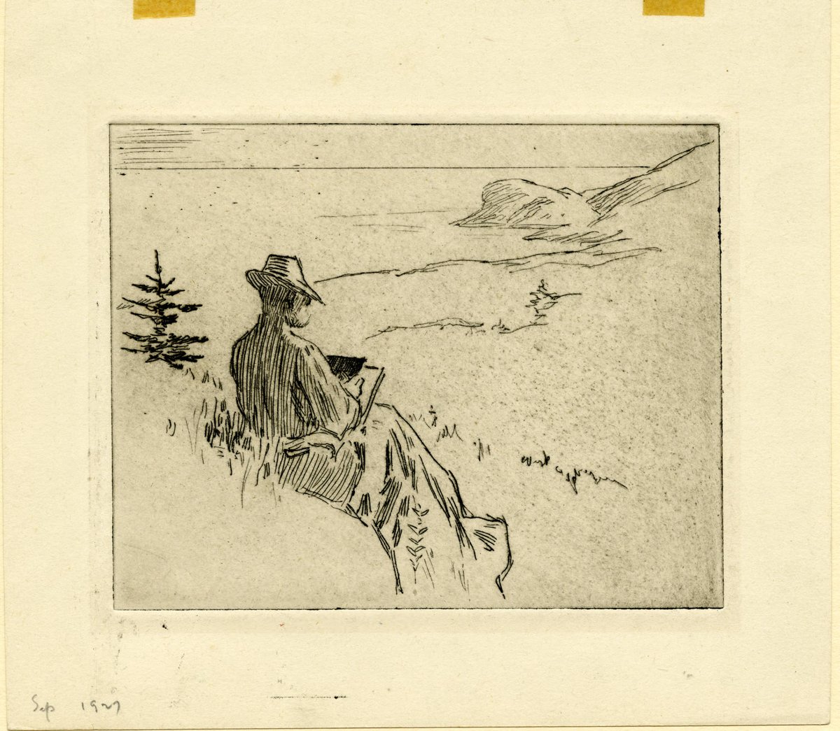 Steele's image, "Dr. Lombard sketching Gull Rock," from  @SherlockUMN  @umnlib hints at something we may do while sheltering in place,  #WFH: renew an interest in something previously put aside like drawing, playing an instrument, knitting, or other hobbies.  http://purl.umn.edu/99530 