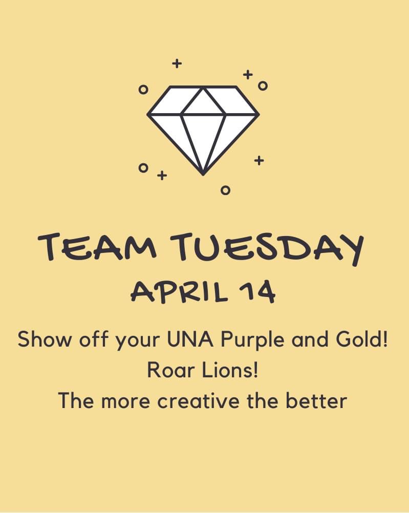 UNA_Alumni's tweet photo. #UNASpiritWeek || #TeamTuesday
Team Tuesday: Show your Lion Pride and wear your UNA Purple & Gold!
Be sure to use #UNASpiritWeek when you post. https://t.co/6WqU6vfkn0