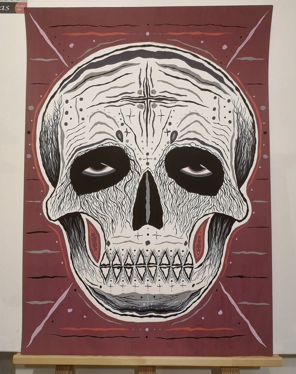 corpse (50cm x 70cm, approx 20x28)this will be framed but at that size any pictures in a frame basically turn it into a mirror https://robcryptx.bigcartel.com/product/corpse-jaggy-skull-50cm-x-70cm