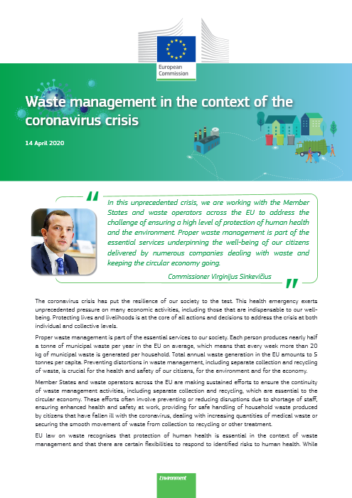 New guidance from <a href="/EU_Commission/">European Commission</a> on #waste #management in the context of #COVID19 highlights the importance of maintaining services - incl. separate collection and #recycling - and provides good practices to protect the #health and #safety of workers: ec.europa.eu/info/sites/inf…
