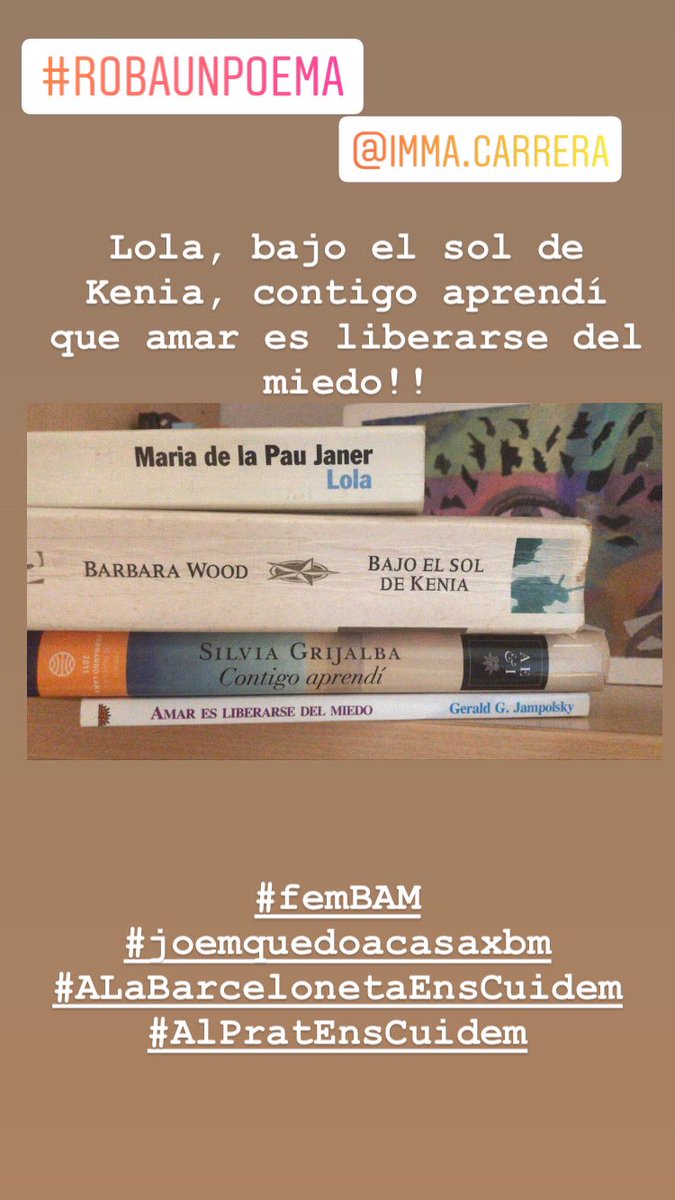 AVVBarceloneta's tweet photo. 1 Imma Carrera
2 Maribel 
3 Alicia Romani Fontanals
4 Rosa Vidal
Des de la Biblioteca Antonio Martin ens animen a fer un poema que tingui sentit amb els títols de llibres i pel·lícules que trobeu per casa. 📚
#femBAM 
#joemquedoacasaxbm
#ALaBarcelonetaEnsCuidem
#AlPratEnsCuidem https://t.co/myBmlW8zK6