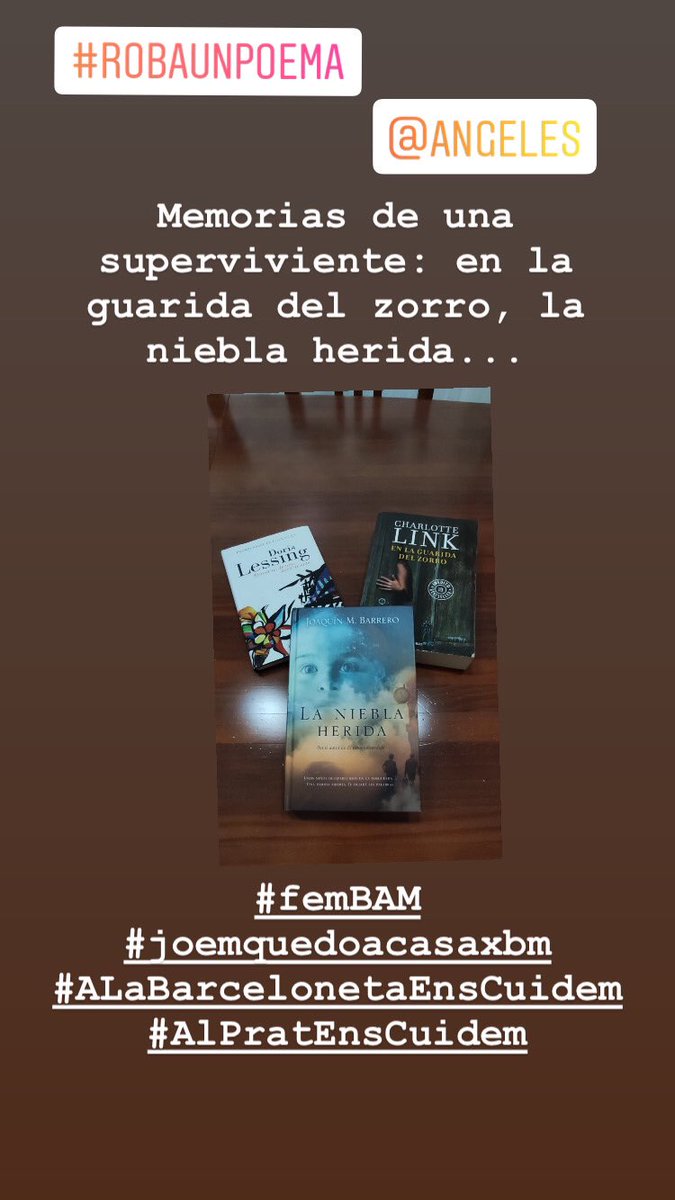 AVVBarceloneta's tweet photo. 1XavierPV
2Gemma González 
3Ángeles 
4 Alicia Romani Fontanals
Des de la Biblioteca Antonio Martin ens animen a fer un poema que tingui sentit amb els títols de llibres i pel·lícules que trobeu per casa. 📚
#femBAM 
#joemquedoacasaxbm
#ALaBarcelonetaEnsCuidem
#AlPratEnsCuidem https://t.co/3ukItJ3aP9