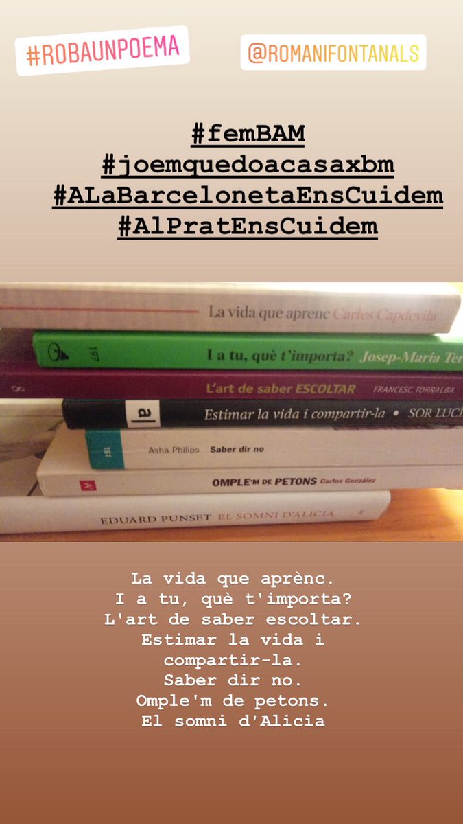 AVVBarceloneta's tweet photo. 1XavierPV
2Gemma González 
3Ángeles 
4 Alicia Romani Fontanals
Des de la Biblioteca Antonio Martin ens animen a fer un poema que tingui sentit amb els títols de llibres i pel·lícules que trobeu per casa. 📚
#femBAM 
#joemquedoacasaxbm
#ALaBarcelonetaEnsCuidem
#AlPratEnsCuidem https://t.co/3ukItJ3aP9