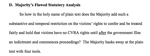 There is a lengthy and "respectfully" withering dissent in the opinion finding that federal prosecutors didn't violate the Crime Victims Rights Act when they negotiated a secret plea deal with Jeffrey Epstein: