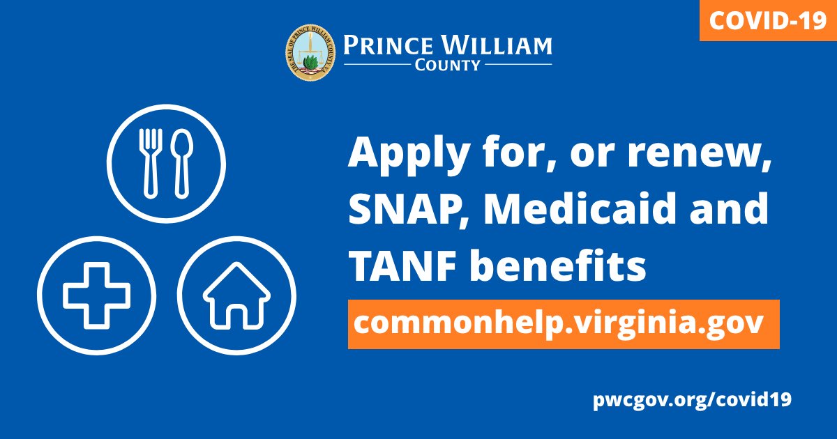pwcgov's tweet photo. As a reminder: Apply for, or renew, SNAP, Medicaid and TANF benefits online ⤵️
https://t.co/drIOGpU77K

#princewilliamstrong https://t.co/lrW918p1fu
