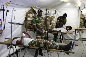 TOUBA, Senegal--Soldiers in the Senegalese Armed Forces, participate in the training on how to efficiently and effectively set-up, take down and operate the mobile hospital at the Senegal Rapid Deployment Capabilities Center in Touba, Senegal. One of these hospitals and their trained medical staff is deployed to help cope with the emergency of the outbreak of Covid-19. (Photo courtesy of U.S. Embassy Senegal)