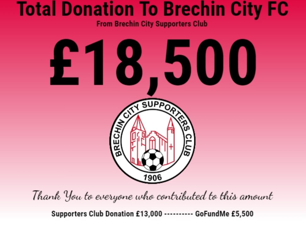 Brechin City Supporters Club are delighted hand over a whopping £18,500 donation to <a href="/BrechinCityFC/">Brechin City FC</a>.

We would like thank everyone who has helped us reach this amount including the <a href="/Stirling_Albion/">Stirling Albion FC</a> Board and <a href="/MFCSC/">Montrose SC</a>.

Thank You.