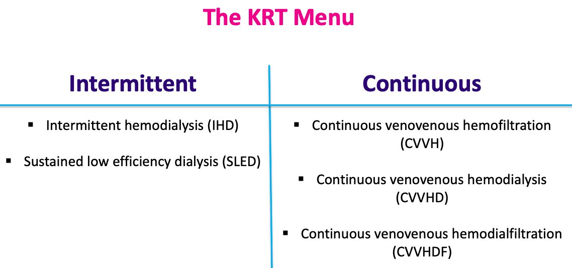 2/KRT has 2 powers: Clearance (removal of solutes, like potassium )Volume removal ...and it comes in 2 flavors:IntermittentContinuous