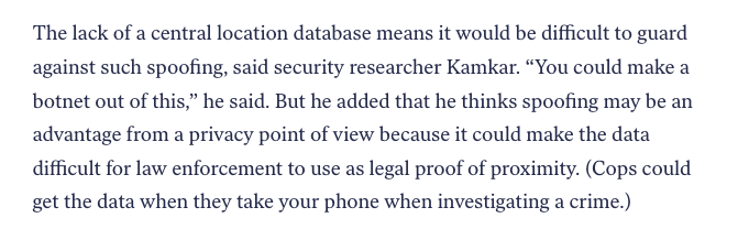 Security expert  @samykamkar explains how user’s temporary identifiers can be spoofed – which is perhaps an advantage in making the data less attractive to law enforcement. /4