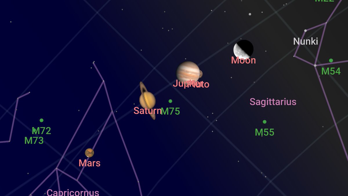 JasonStiff's tweet photo. What a #beautiful sight in the early #Tuesday morning #sky! #Mars, #Saturn, #Jupiter and the #Moon lined up in a beautiful arc from SE to SW. @JasonStiff has your complete 7-day #weather #forecast here on #Earth starting at 5AM on #KEYT 3, #KCOY 12 and #KKFX 11! #astronomy #space https://t.co/sq2ns3AgWb