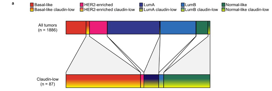 We stratified claudin-low tumors according to their underlying intrinsic subtype, and found that most tumors were initially classified as basal-like, normal-like or luminal A.(METABRIC cohort shown here)