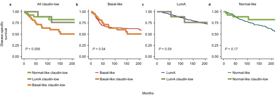 What surprised us most was seeing no difference in disease-specific survival between claudin-low and non-claudin-low tumors when stratified by intrinsic subtype.(Note: Survival analyses were somewhat underpowered, and P-values should be interpreted with caution)