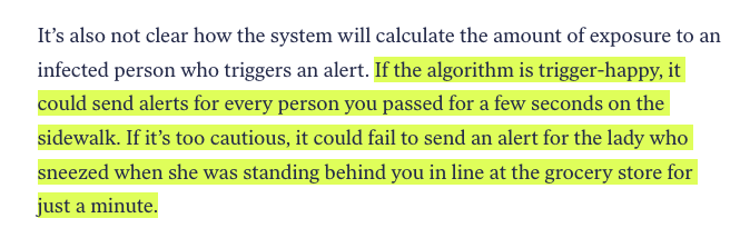 But probably the biggest concern is false alerts. It's not clear how the algorithm will determine how much exposure warrants an alert. And it's also not clear what users are supposed to do when they are deluged with warnings about potential exposure. /6