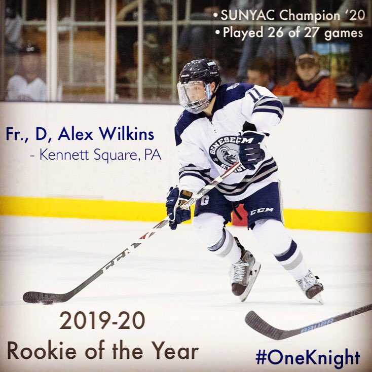 GeneseoHockey's tweet photo. 2019-20 Team Awards: Fr., D, Alex Wilkins (Rookie of the Year) *voted on by teammates &amp; coaches. Congrats Wilkie! #consistency #futureisbright #OneKnight @JohnstownHawks @NAHLHockey https://t.co/9M8RMx5bxX