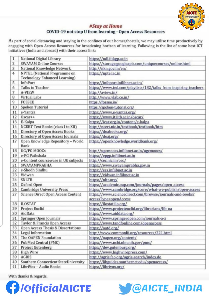 Open Access Resources @ #AICTEdge:

#COVID19 can't stop you from learning !

Login to free.aicte-india.org for e-Learning through #AICTE and join a plethora of courses. For others, refer: bit.ly/2V8xe42

#StayHome #StayAtHome

<a href="/IITKgp/">IIT Kharagpur</a> <a href="/SWAYAMMHRD/">SWAYAM</a> <a href="/NDLIndia/">NDL India</a> <a href="/nptelindia/">NPTEL</a>
