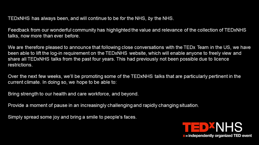 The <a href="/tedxnhs/">TEDxNHS 💙</a> family are pleased to announce that we have been able to lift the log-in requirements on the TEDxNHS website - meaning all the talks from all four years can be viewed without restriction! #tedxnhs tedxnhs.com/watchtedxnhs/