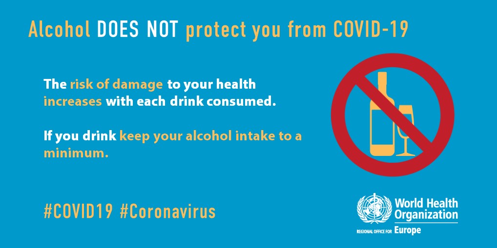 Drinking  #alcohol will not destroy the  #coronavirus. Consumption is likely to increase the health risks if a person becomes infected with  #COVID19.Find more facts about COVID-19 and alcohol here   https://bit.ly/3ckQaCC 