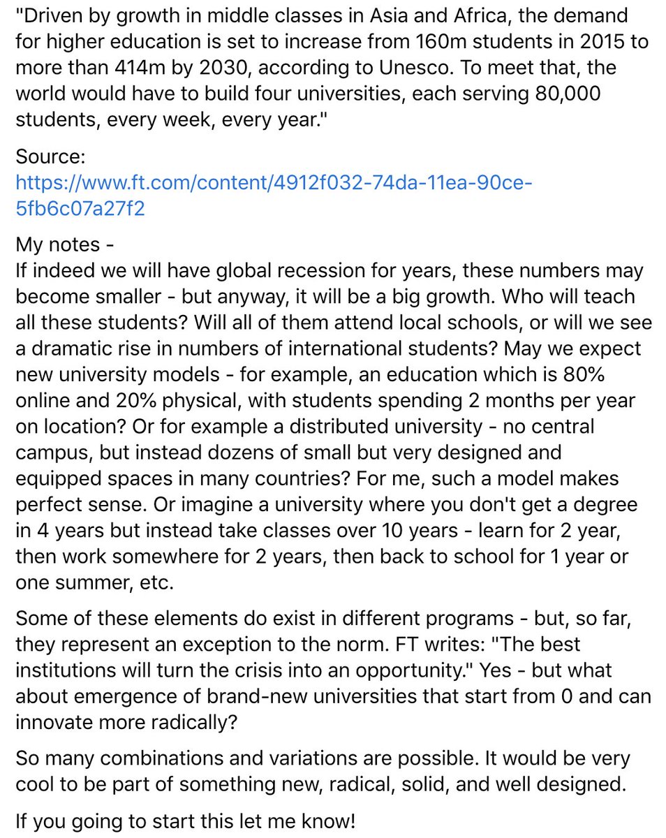 manovich's tweet photo. Who is going to teach the next hundreds of milliion of students in this decade? What innovation in education systems we will see because #COVID2019 ? Attached are some of my notes about this. https://t.co/wfiERtMV59