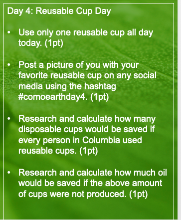 Szydlowskim's tweet photo. Today is COMO Earth Day Challenge 4:  Reusable Cup Day.  Earn up to 4 points today. It's not just when you are out - using a single cup during the day at home saves water and energy.  Post your pic of your favorite reusable cup and include the hashtag #comoearthday4 https://t.co/mW9it7Bx4E