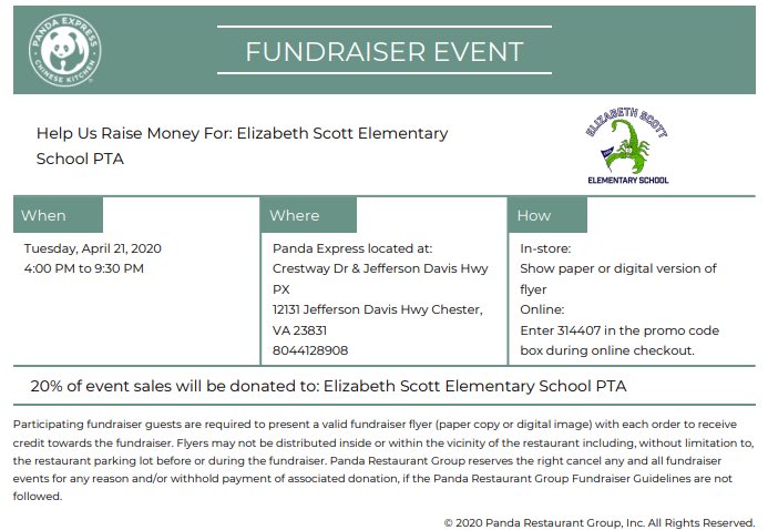 Guess what you can still support your school while social distancing!!  Panda Express is offering to help support Scott with online orders and drive thru orders on next Tuesday 4/21. Visit their new location or have your food delivered using the instructions below from 4-9:30.