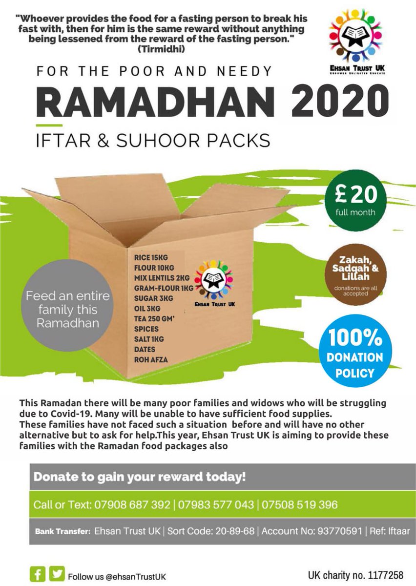 ehsantrustuk's tweet photo. ☪️ RAMADHAN 2020 IFTAR AND SUHOOR PACK APPEAL ☪️

We're pleased to announce that we are running our Iftar and Suhoor pack appeal again for this #Ramadhan.

Donate via:
🏦 Bank transfer
📞 Phone

Details below ⬇️

#Ramadan2020 #charitytuesday #ramadhan2020 #RamadanCountdown https://t.co/zFxVU2HNVb
