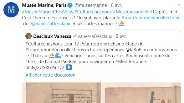 Le  @museemarine fait un travail remarquable pour garder le contact avec son public :création d'un hashtag dédié  #MuseeMarineChezVous quiz pédagogiques "Objet mystère"conseils de programmes TVrecommandations de twittos à suivre