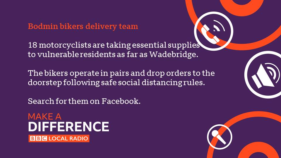 Heroes don't just wear capes, some are clad in leather safety gear and arrive on two wheels. The Bodmin Bikers Delivery team wants to  #BBCMakeaDifferenceCheck them out here:  https://www.facebook.com/BodminBikerz/ 