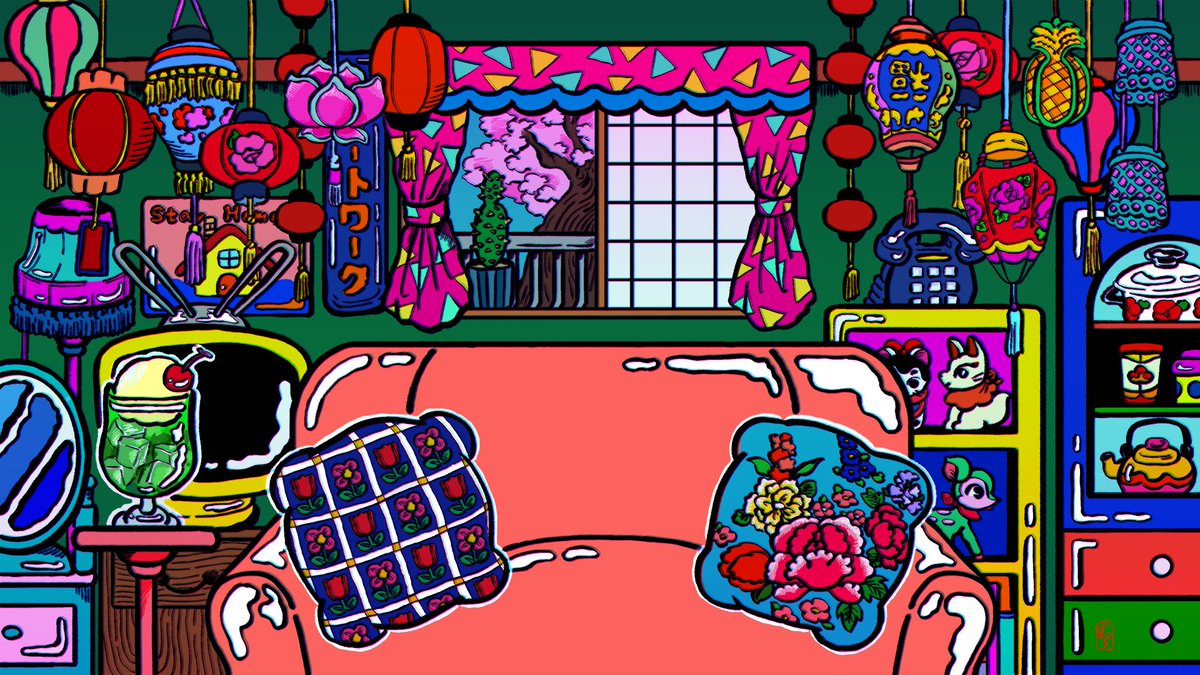Zoom用背景に昭和レトロなお部屋を描きました テレワークやオンライン飲み会 中村杏子 ミニ個展3 15 4 3の漫画
