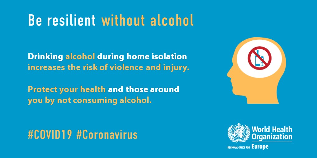 Alcohol is not an efficient coping strategy to deal with stress during self-isolation. It increases the risk of violence and injury.Avoid alcohol altogether to protect your health and those around you! #COVID19