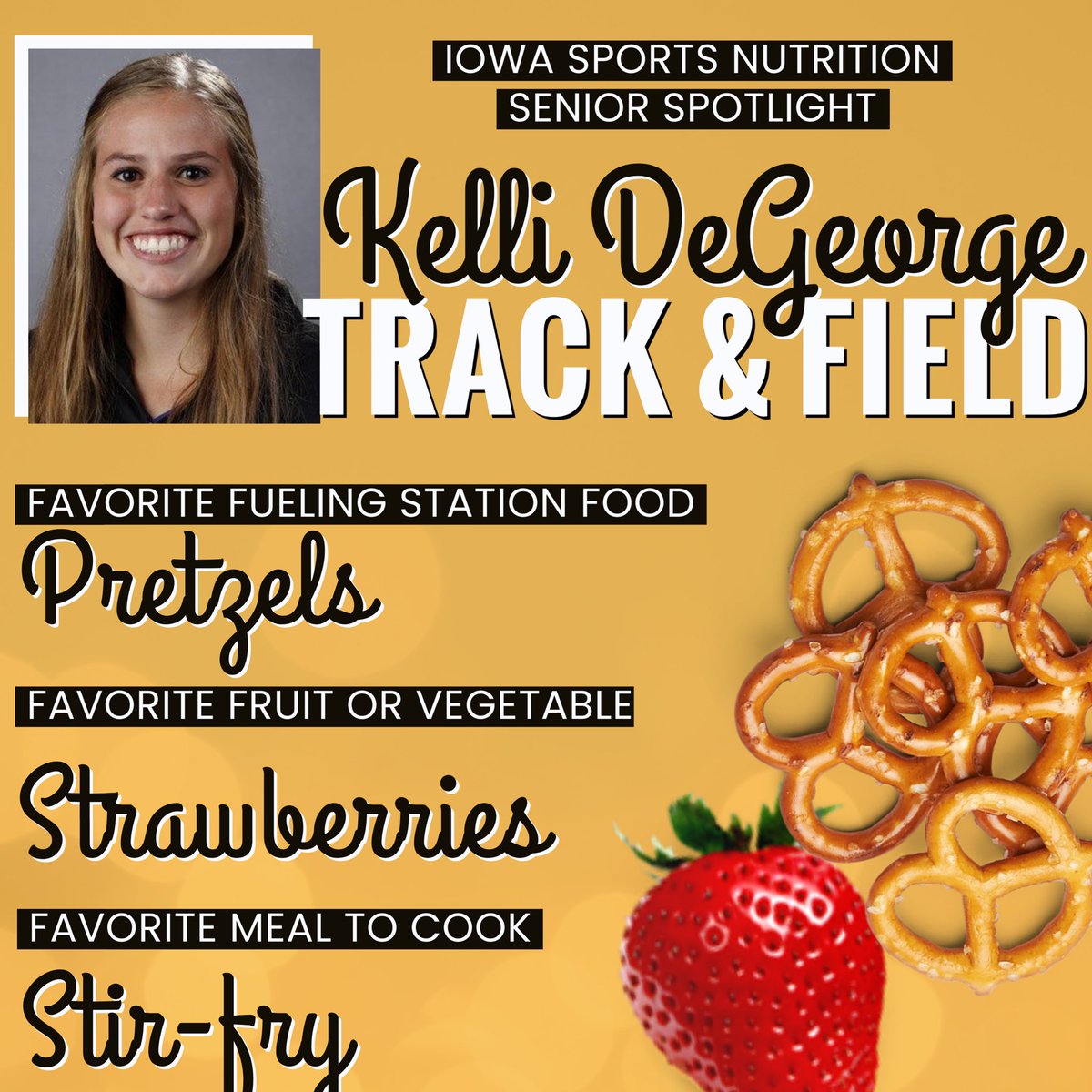 HawkeyeFuel's tweet photo. Today’s Senior Spotlight 🌟 goes out to Kelli DeGeorge of @IowaXC_TF! This jumper has made her mark in the classroom and at competitions during her time at Iowa. Congratulations on everything you’ve accomplished as a Hawkeye! #hawkfuel #hawkfocus #hawkperform https://t.co/tudKHFfjB4