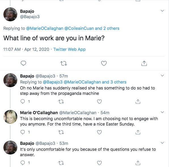 The other day she decided to reply to me, declaring that “we”, (whoever that is), are REAL PEOPLE, and very thankful for the governments actions. However, when I accused her of vested interests, I was ignored. When  @Bapajo3 asked what she works as, she became “uncomfortable”.