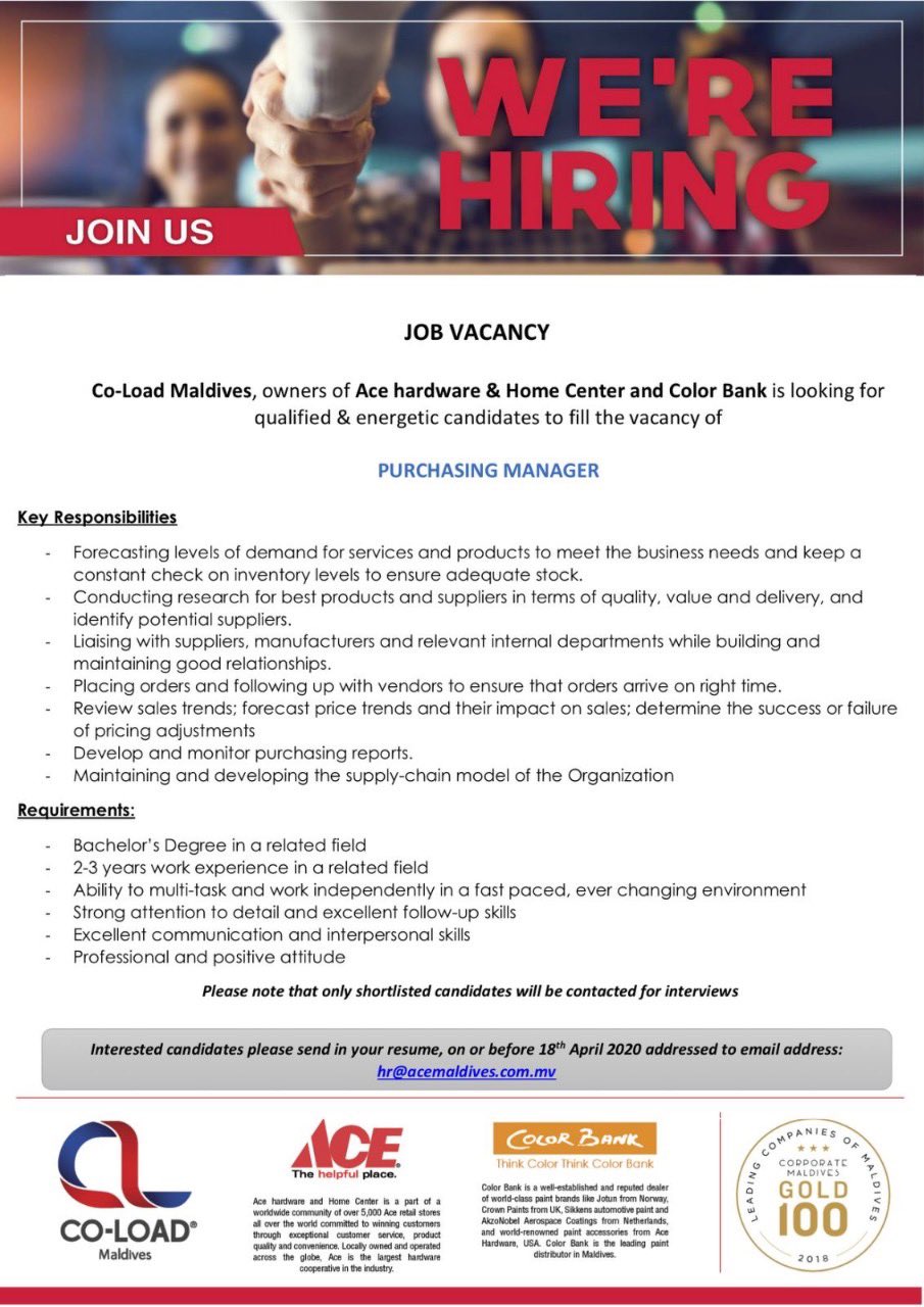 Jobsicle Mv Job Purchasing Manager Employer Co Load Maldives Pvt Ltd Deadline 18 April T Co R6dx945hew For More Jobs Like This T Co S9tmgktvk5 Twitter