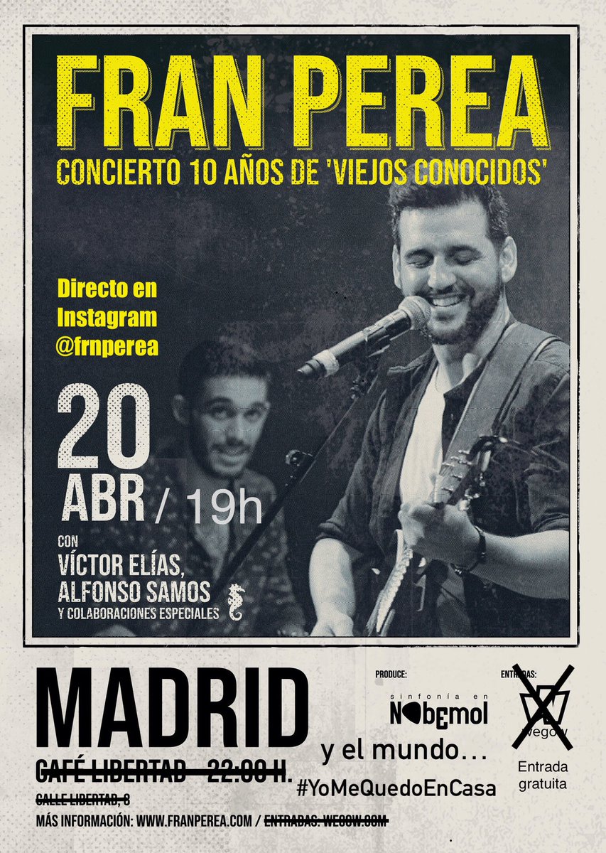 frnperea's tweet photo. 💥CONCIERTO: El próximo lunes a las 19h os espero en mi instagram para conmemorar los 10 años de 'Viejos conocidos' junto a Alfonso Samos, Victor Elías y alguna sorpresa... Lo íbamos a celebrar con un concierto en el Cafe Libertad 8, pero...
Vayan anotando en sus agendas! https://t.co/RPEHoNdgwl