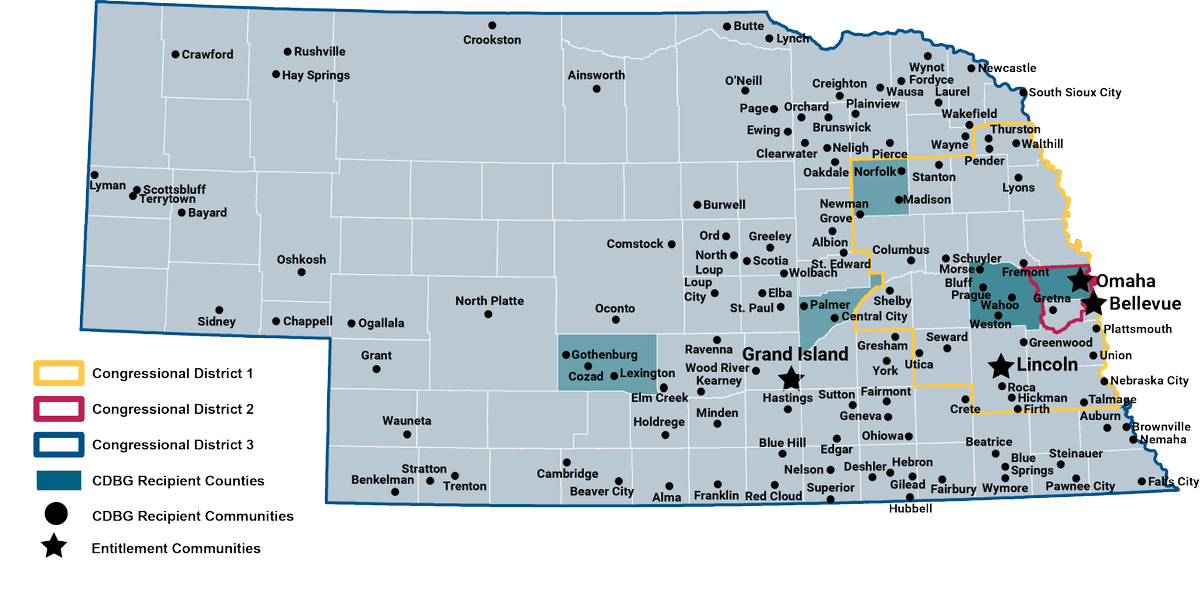 DevelopNebraska's tweet photo. We are celebrating the second day of Community Development Week: Over the past five years, 122 communities and counties were impacted, and more than 111,000 low and moderate income individuals have benefited from the State CDBG program. Check out the map! #CDWeek https://t.co/UCfCWcDNw7