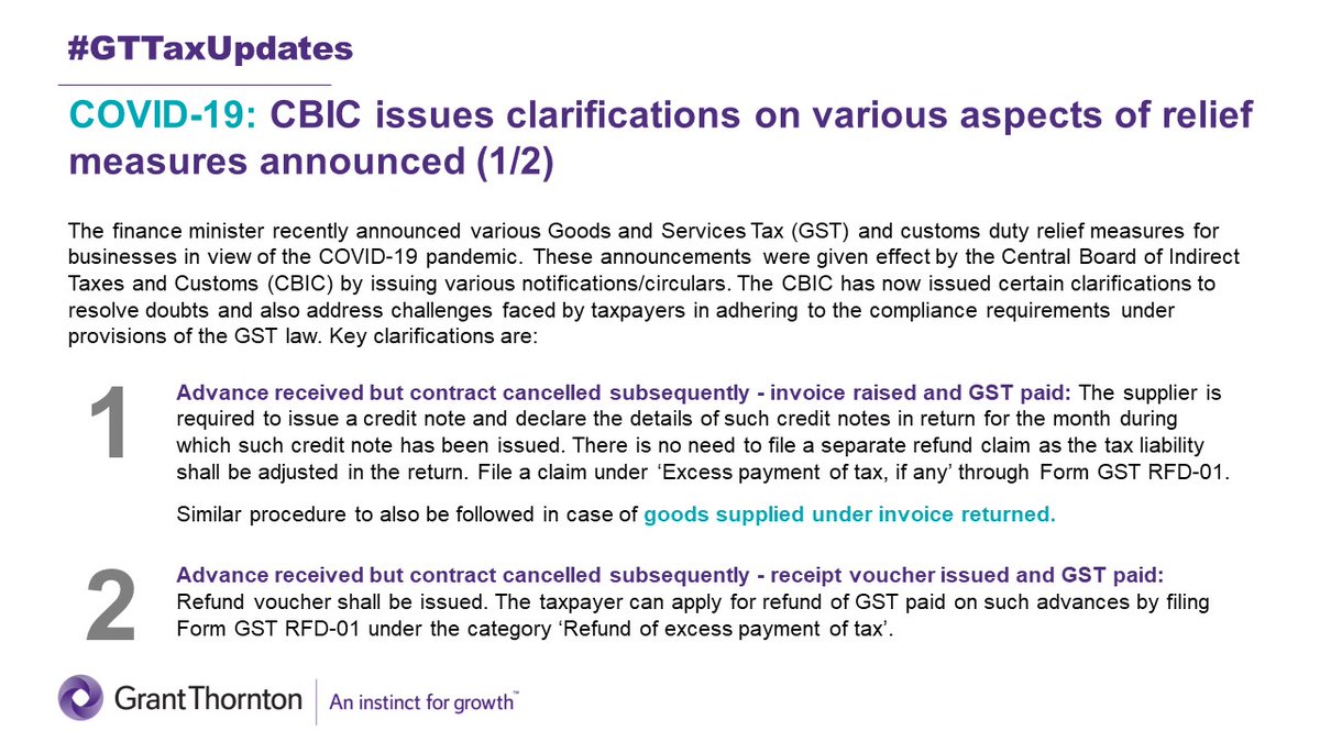 GrantThorntonIN's tweet image. #COVID19: @cbic_india issues #clarifications on various aspects of #relief measures announced. #GTTaxUpdates
#GST @FinMinIndia