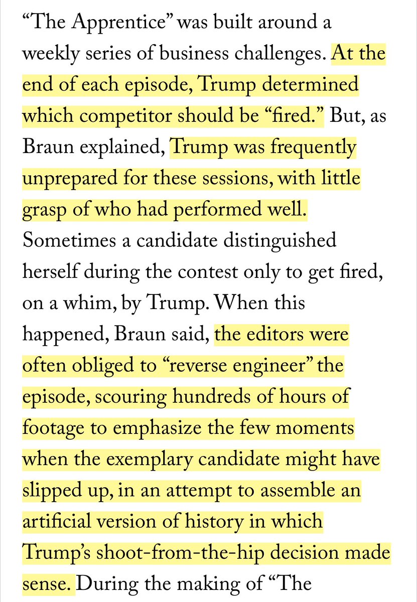 There’s a 2018 New Yorker profile of Mark Burnett that I think is important for this current moment: an hour of The Apprentice was made up of 300 hours of footage. Trump would do something that made no sense and editors would make it seem logical.  https://www.newyorker.com/magazine/2019/01/07/how-mark-burnett-resurrected-donald-trump-as-an-icon-of-american-success