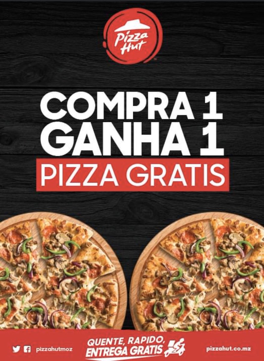 Faça da  terça-feira um dia a dobrar. Compre uma e leva uma grátis o dia todo hoje!

20% de desconto em todos os pedidos on-line!  Sim, todos os seus favoritos estão a uma chamada de distância.😍

Ligue-nos ou faça o pedido on-line em pizzahut.co.mz.