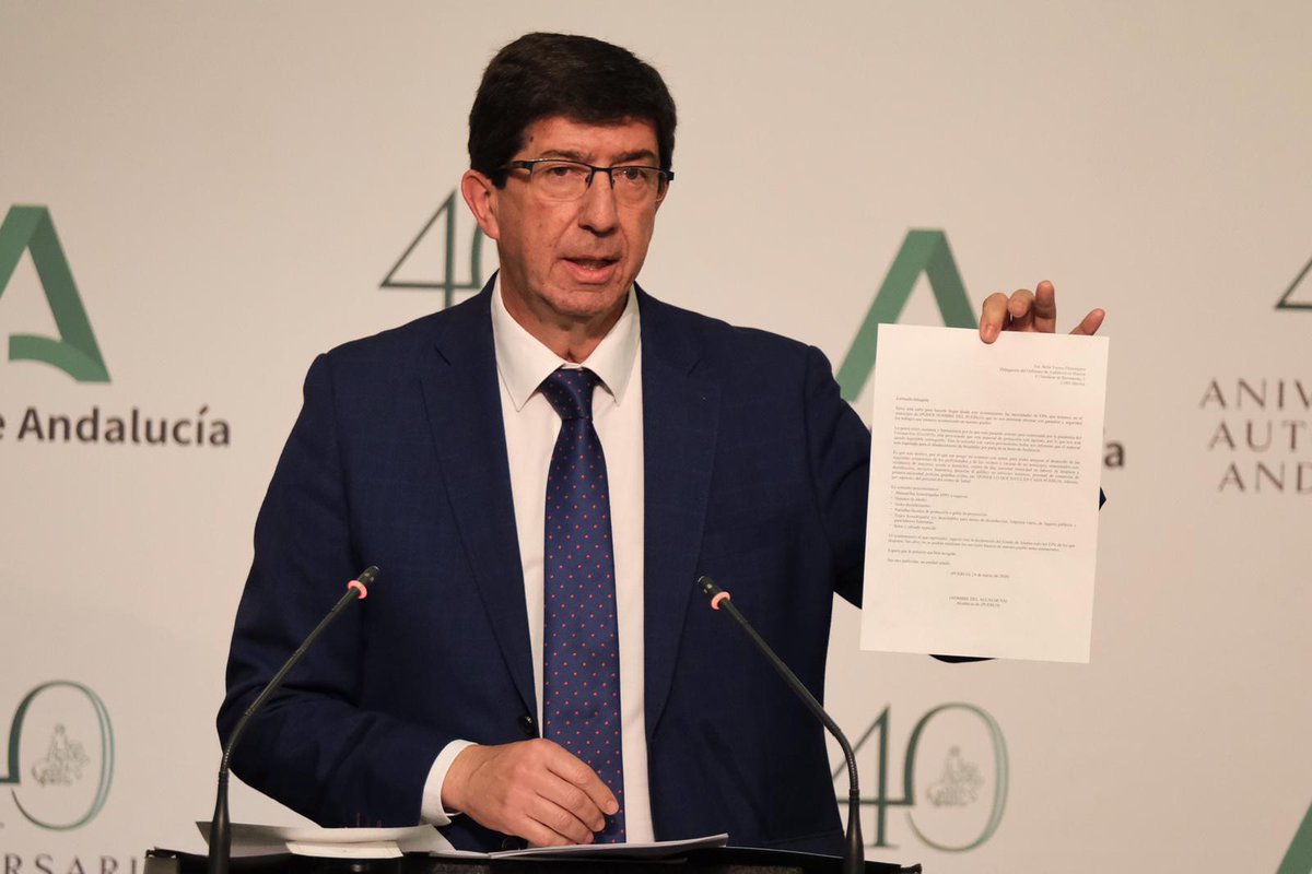 AndaluciaJunta's tweet photo. 💬 @JuanMarin_Cs: Se ha acusado a la Junta de requisar material. Lo negamos. Y tenemos que aclarar que el Gobierno de #Andalucía no tiene potestad para requisar ningún material, solo puede hacerlo el mando único de @sanidadgob. #COVIDー19 ✅ https://t.co/bQPmXzhIsB
