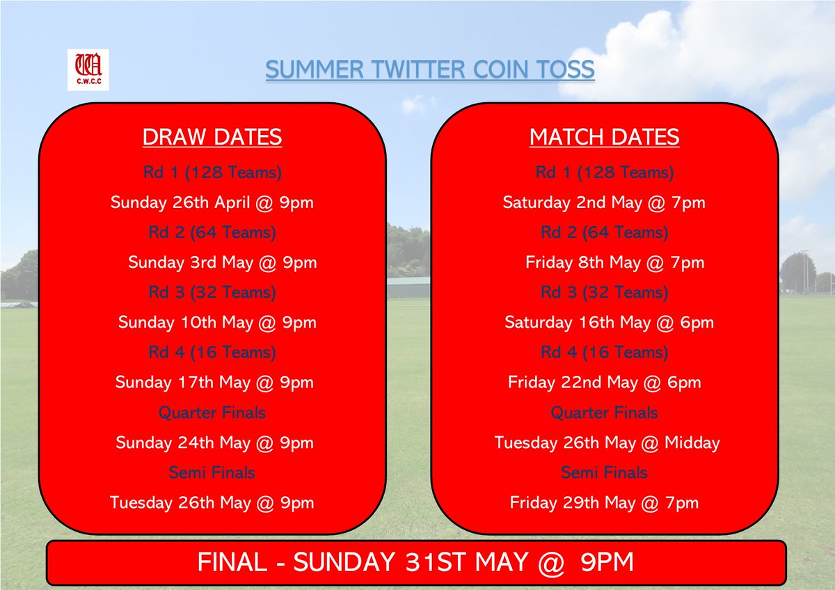 Dates for your Diaries #TwitterCoinToss 

Work is currently underway as we hope to bring you LIVE draws for each round on our YouTube channel

📽️📽️📽️Why not Subscribe here ready
youtube.com/channel/UCAcwQ…

Website 🖥️
carmarthenwandererscc.co.uk