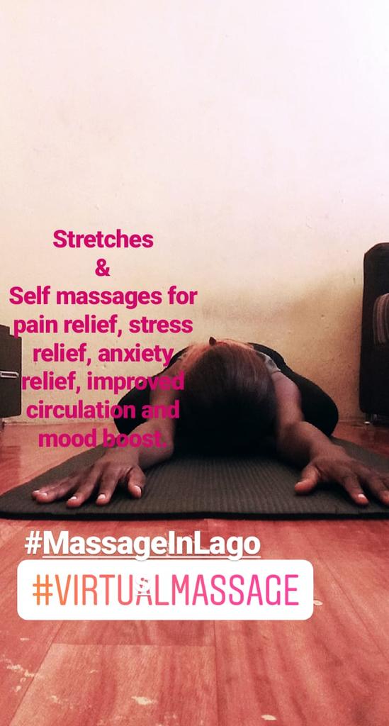 Your #LockdownDairy should include our stretch and self massage therapy session

Get started by sending message via DM or 07017980393

#Lagos #SelfMassage #VirtualMassage #Panic #Anxiety #Stress #Pain #Wellness #MassageAtHome #Lekki #Ikoyi #Ajah #Accra #Benin #WashintonDC #Lagos