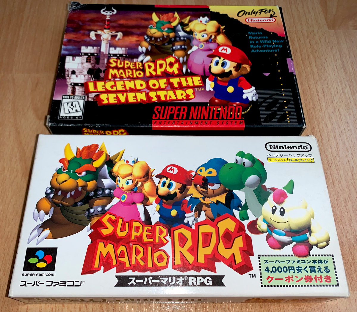 Super Mario RPG: Legend of the Seven Stars (SNES, 1996) Ce jeu jamais sorti en Europe fut mon tout premier achat en ligne (sur eBay), en avril 2004 : en-dehors d’un coin abîmé, pour 49€ port inclus en suivi, c’était TRÈS attirant !Je possède également sa version japonaise.