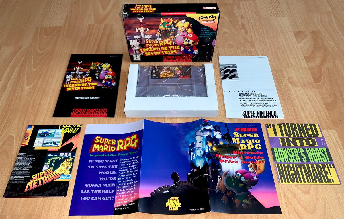 Super Mario RPG: Legend of the Seven Stars (SNES, 1996) Ce jeu jamais sorti en Europe fut mon tout premier achat en ligne (sur eBay), en avril 2004 : en-dehors d’un coin abîmé, pour 49€ port inclus en suivi, c’était TRÈS attirant !Je possède également sa version japonaise.